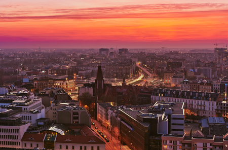 Beautiful, colorful sunset over Wroclaw aerial viewの写真素材