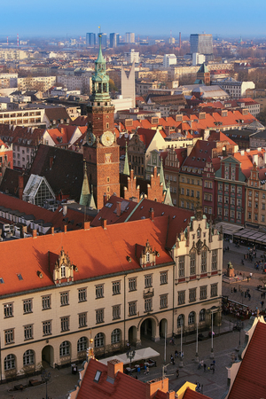 Aerial view of Stare Miasto with Market Square, Old Town Hall and St. Elizabeths Church from St. Mary Magdalene Church in Wroclaw, Polandの写真素材