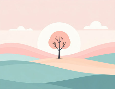 Landscape with a tree in the field. Vector illustration in flat styleの素材