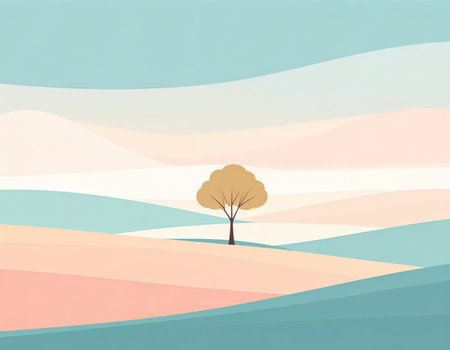 Vector illustration of abstract landscape with tree and hills in pastel colorsの素材