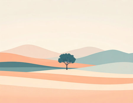 Landscape with a tree in the middle of the desert. Vector illustration.の素材
