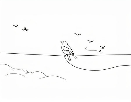 drawing of a bird on a wire against a background of flying birdsの素材