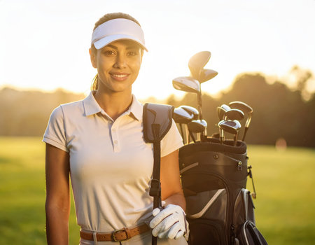 Portrait of a smiling female golfer standing with golf bag at golf courseの素材