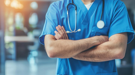 Portrait of confident male doctor standing with arms crossed in hospital.の素材