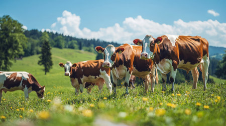 Herd of cows grazing in the meadow on a sunny summer dayの素材
