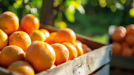 Ripe oranges in a wooden box on the background of the gardenの素材
