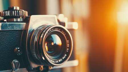 Retro camera with lens on blurred bookshelf background, vintage toneの素材