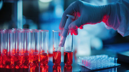 scientist hand holding test tube with blood sample for analysis in laboratoryの素材