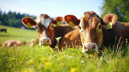 Cows grazing on green meadow in sunny day, closeupの素材