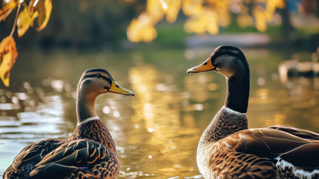 Beautiful ducks on the lake in autumn. Photo in retro styleの素材