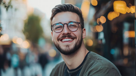 Handsome young man in glasses smiling and looking at camera in the cityの素材