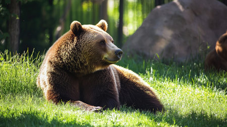 brown bear sitting on a green grass in the sun in the zooの素材