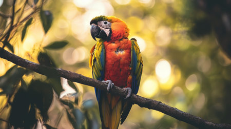 Beautiful macaw parrot sitting on a branch in the forestの素材
