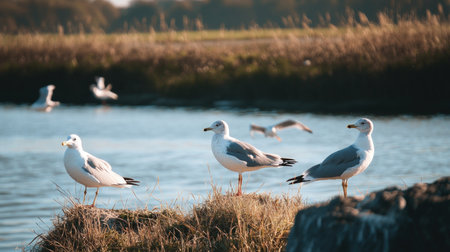 Group of seagulls standing on the shore of a lakeの素材