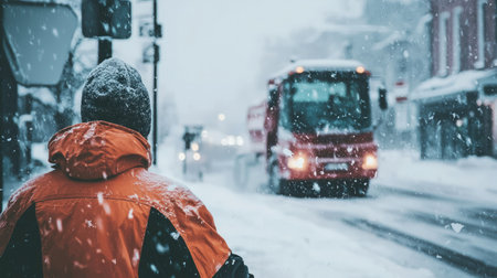 Man in a red jacket on the street during a snowfall.の素材