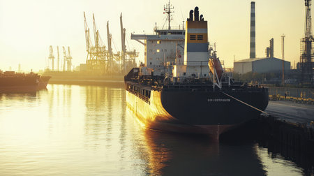 Cargo ship in the harbor at sunset. Freight transportation and logistics.の素材