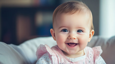 Portrait of a smiling baby girl sitting on a sofa at homeの素材