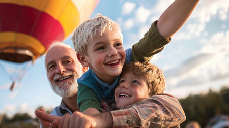 Grandfather and grandson having fun on hot air balloon festival in summerの素材