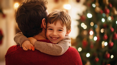 Portrait of happy boy hugging his father in front of christmas treeの素材