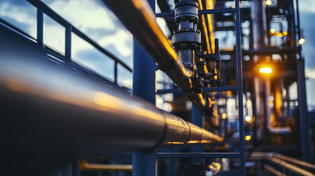 Industrial zone, Steel pipelines and valves in oil refinery plant.の素材