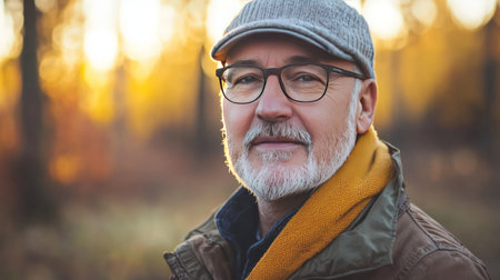 Portrait of a senior man in autumn forest. He is wearing glasses and hat.の素材