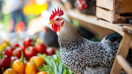 Rooster and vegetables at the farmer's market. Selective focusの素材