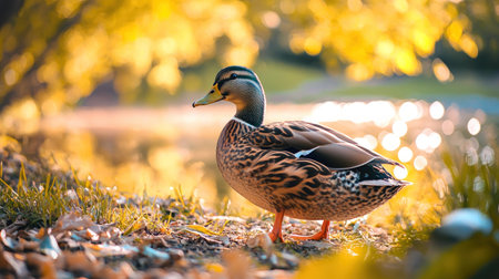 Mallard duck walking on the grass in autumn park at sunset.の素材