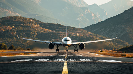 Airplane on the runway with mountains in the background. 3d renderingの素材