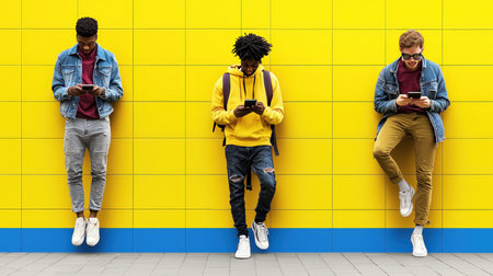 Group of young african american people using mobile phones against yellow wallの素材