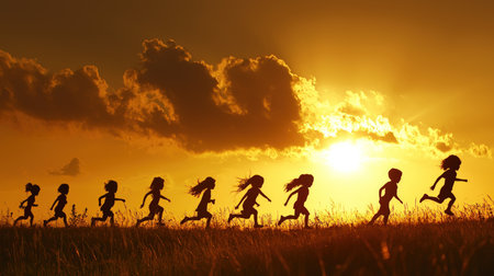 Group of children running on the meadow at sunset, 3d renderの素材