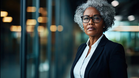 Thoughtful mature businesswoman in eyeglasses standing in officeの素材