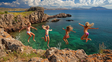 Three girls jump into the sea from the cliff on a sunny summer dayの素材