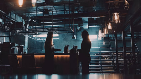 Silhouette of two businesswomen talking in a coffee shop.の素材