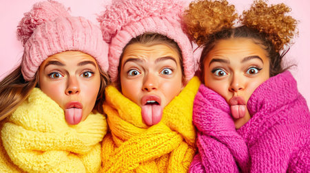 Surprised multiethnic girls in knitted hats and scarves looking at camera on pink backgroundの素材
