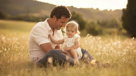 Young father and his little daughter sitting in the meadow at sunsetの素材