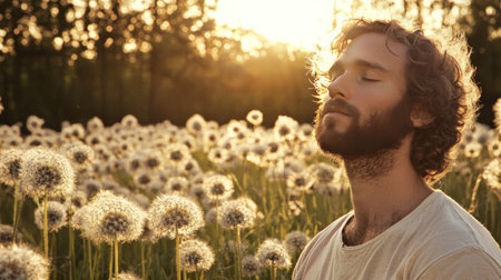 Handsome young man standing in dandelion field at sunsetの素材