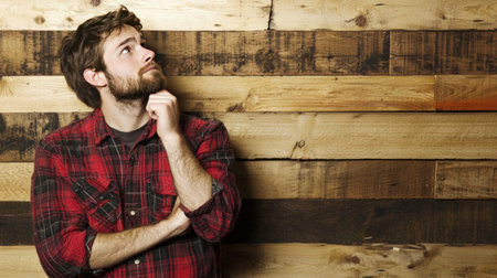 Portrait of a handsome bearded hipster man leaning against a wooden wallの素材