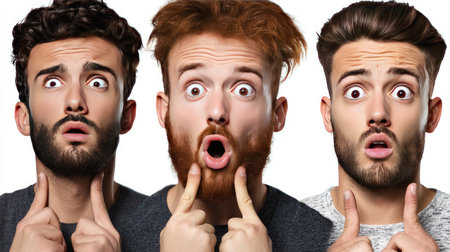 Portrait of scared young man with beard and mustache looking at camera. Collageの素材