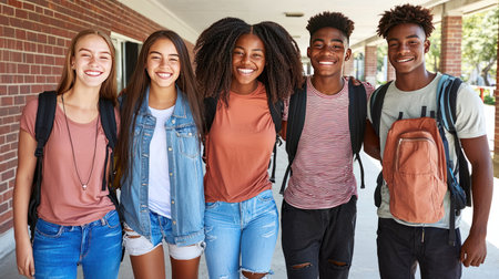 Portrait of group of happy students standing with backpacks on campusの素材