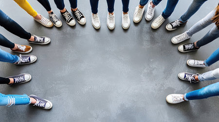 Top view of group of people standing in circle and holding hands.の素材