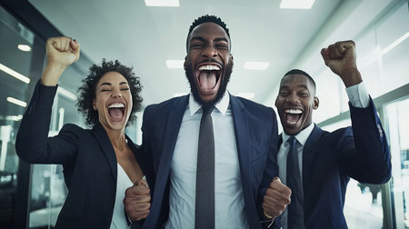 Happy business people celebrating success in the office. Successful business people concept.の素材