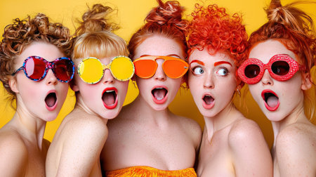 Group of happy women with bright makeup and red hair in swimsuits and sunglasses looking at camera isolated over yellow backgroundの素材