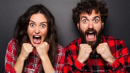 Surprised young couple in plaid shirts looking at camera on black backgroundの素材