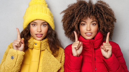 Portrait of two beautiful african american women in yellow hats and scarves pointing fingers upの素材