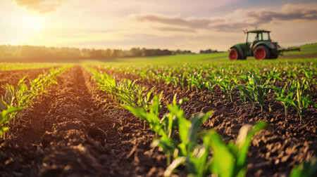 Agricultural tractor working on a corn field in the evening.の素材
