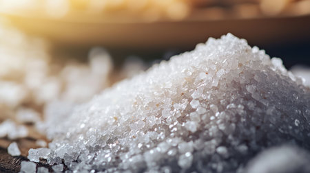 Close up of sea salt in bowl on wooden table, shallow depth of fieldの素材