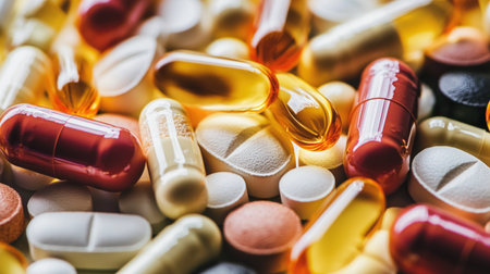 Close-up of colorful pills and capsules. Focus on foreground.の素材