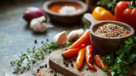 Fresh vegetables and spices on rustic wooden board. Selective focusの素材