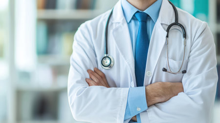 Male doctor standing with arms crossed in hospital office. Medical and healthcare concept.の素材