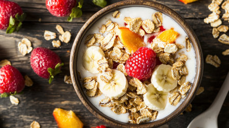 Yogurt with granola and fresh fruits on wooden table, top viewの素材